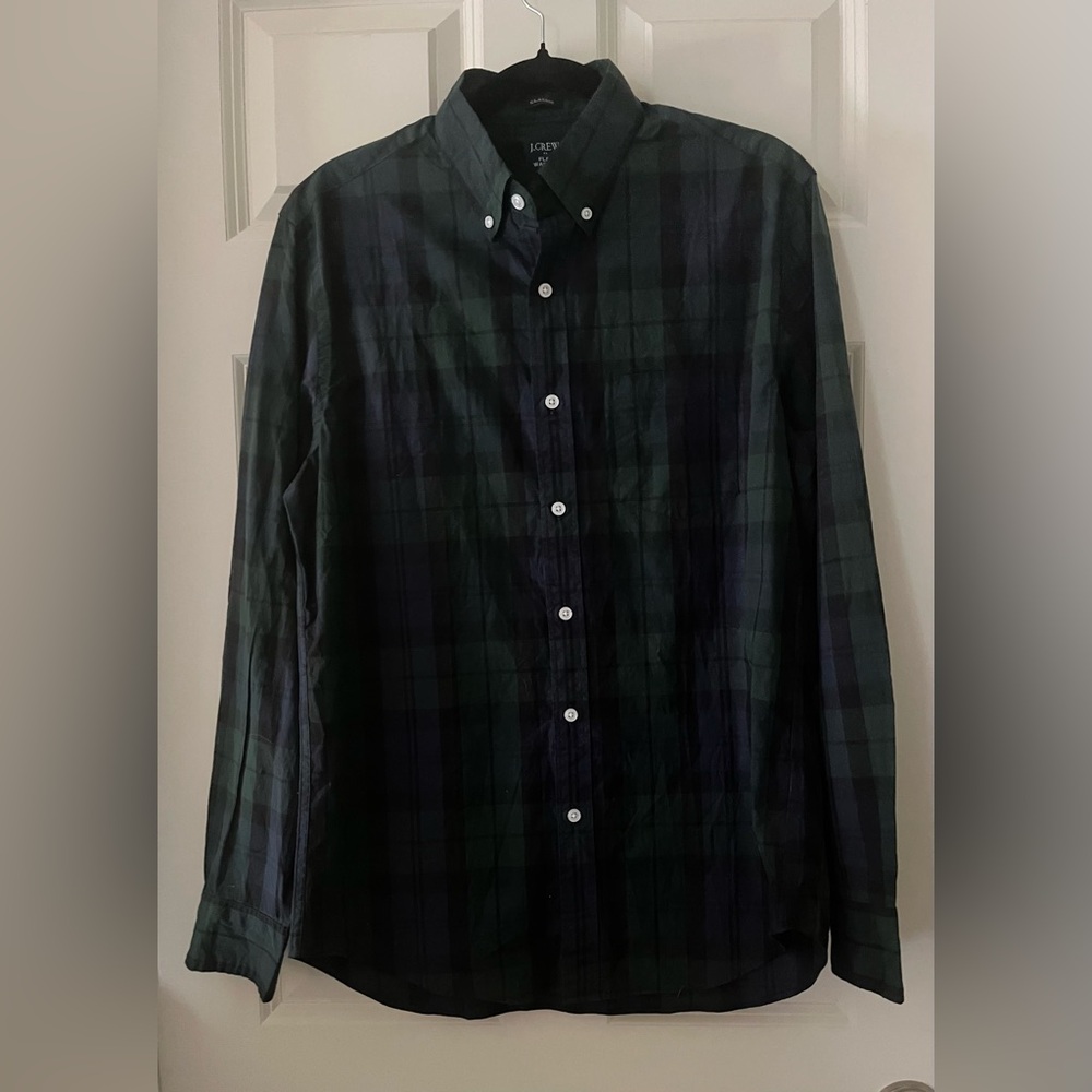 NWT Men's J.Crew Navy Green Plaid Flex Washed Classic Fit Casual Shirt M Holiday